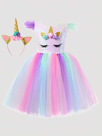 Young Girl Unicorn Colorful Tulle Dress With Unicorn Headband Set