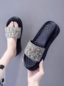 2025 年夏季新款时尚水钻装饰厚底拖鞋，女士时尚沙滩凉鞋 - 銀色 - 查看 1