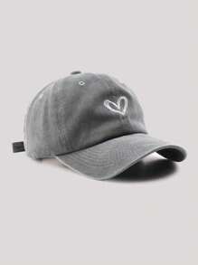 1pc Women's Heart Embroidery Distressed Retro Wash Adjustable Curved Brim Baseball Cap, Casual Style Suitable For Daily, Couple, Vacation Matching