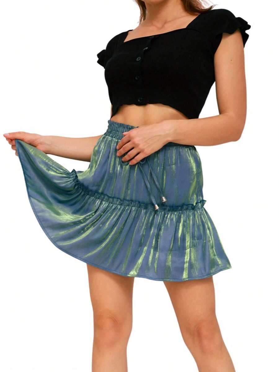 Women's Boho Short Skirt, Casual Elastic Waist Solid Color/Laser Print Ruffle Flared A-Line Skater Mini Skirt - Green - View 1