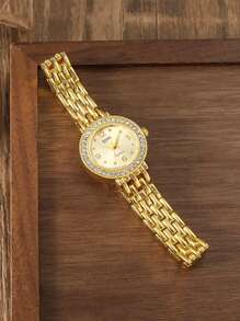 1 件简约时尚混合水钻雕刻表盘钢带石英表，适合作为生日、万圣节、礼物 - 金色 - 查看 2