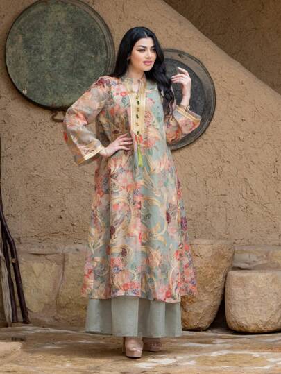 Women's Notched Collar Floral Print, Random Print, 2 In 1, Casual Long Sleeve Arabic Style Dress, Multi-Color, Modest Kaftan