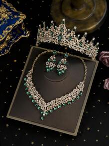 1 套金色新新娘配饰，经典绿水晶装饰新娘皇冠，奢华项链和耳环 3 件套婚纱 - 金色 - 查看 6