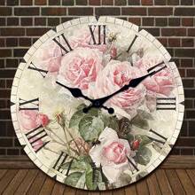 1 pieza Reloj de pared de madera con patrón floral de rosa vintage elegante, reloj silencioso sin tictac, decoración del hogar para la sala de estar, regalo para amantes de las flores, 10/12/14/16 pulgadas (baterías no incluidas)