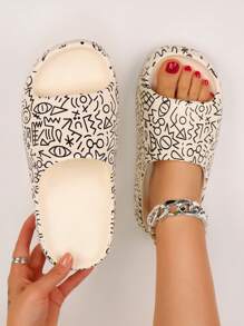 pueenb 可爱涂鸦印花枕头拖鞋，EVA 材质软底轻便家用拖鞋，防滑夏季拖鞋 - 彩色 - 查看 1