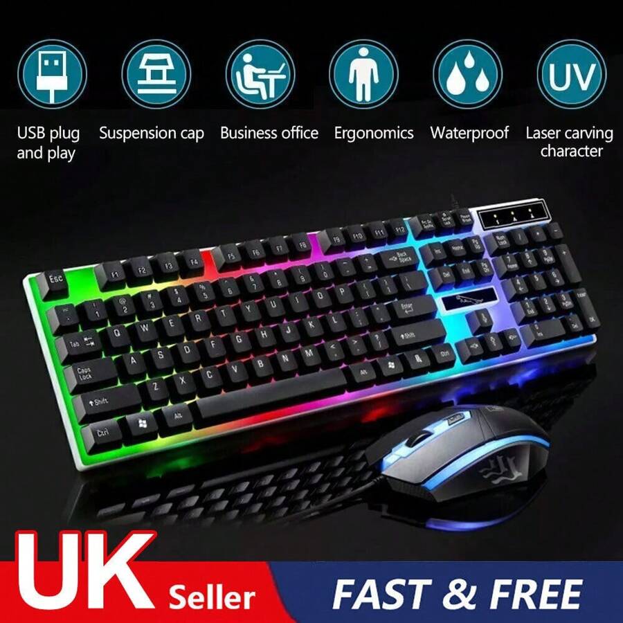 Gaming Keyboard Mouse Set Rainbow LED Wired USB For PC Laptop PS4 Xb Ox One 360UK - Black - View 1