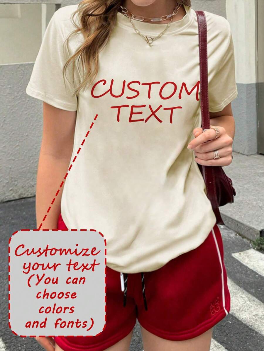 定制女士短袖T恤，可添加文字（名言/特殊句子/趣味短语/姓名/标语等），选择喜欢的颜色和字体，设计您独一无二的个性化印花T恤，时尚休闲，简约风格。个性化定制，独一无二。男装，胶囊衣橱，男士基础款/街头服饰。送给男友、家人、朋友的理想礼物，适合生日、度假/节日、学校/比赛、运动/攀岩等场合。 - 杏色 - 查看 1