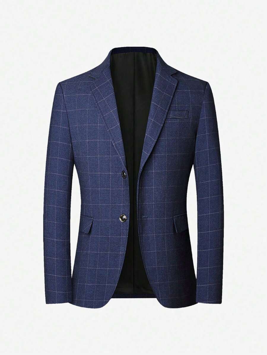 Men's Business Plaid Notch Lapel Two Buttons Pockets Blazer - Navy Blue - View 1