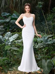 Elegant Polyester Chiffon Bridal Gown With Fish-Tail Silhouette | Guest Dress For Wedding Showers, Garden Parties, And Everyday Formal Wear - White - View 5