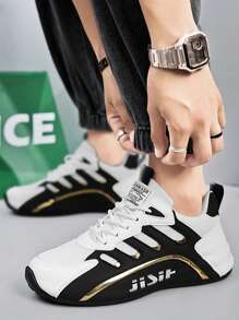 Men's Knitted Mesh Breathable Casual Running Shoes, Lace-Up Comfort Soft-Sole Sneakers For Outdoor Jogging, Spring & Summer - Black - View 4