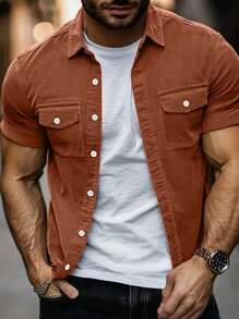 Men's Casual Solid Color Short Sleeve Corduroy Shirt - Brown - View 1