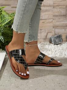 Chanclas de verano 2025 para mujer talla grande, sandalias de piso con costura de unicolor y cuadrícula
