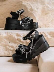 Y2K Style New Spring/Summer Slope Heel Thick Bottom Women's Fashion Sandals Slippers Comfortable Casual Shoes Women's Gothic Style Cross Chain Detail Platform Sandals - màu đen - Xem 9