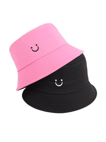 2pcs Women Smiling Face Embroidery Versatile Bucket Hats, Adjustable Festival Couples Casual Sports Hat For Cycling, Sightseeing, Travel, Streetwear, Party