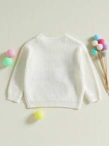 Suéter de otoño para bebé pequeño, jersey de punto de manga larga con cuello redondo y bordado de letras de golf - Blanco - Ver 3