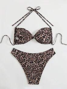 Plus Size Leopard Print Halter Sexy Textured Bikini 2Pcs Set For Beach, Pool, And Party - Rust Brown - View 2