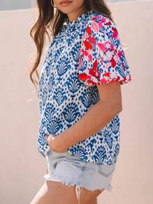 Damskie letnie bluzki Boho Lekki kwiatowy nadruk Bufiaste rękawy Bluzka z falbaną przy szyi Top Czeski wiosenny strój wakacyjny - Niebieski - Zobacz 3