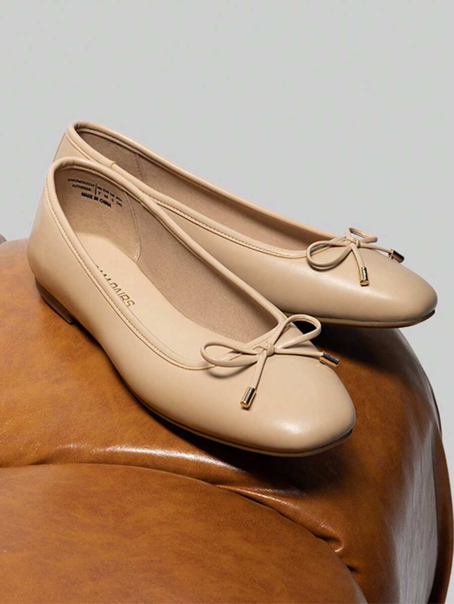 Women Bow Ballet Flats Square Toe Ballerina Flats Elegant Versatile Fashion Comfortable Casual Business Work Office Dress Slip On Shoes - 裸色 - 查看 1