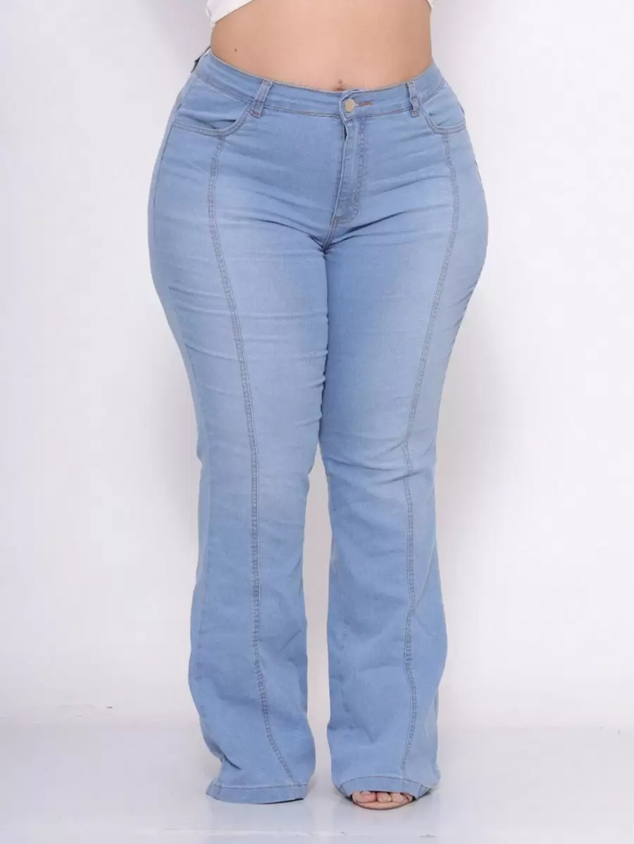 Women's Plus Size Light Blue Flare Jeans With Ribbed Stitching And High Waist - Baby Blue - View 1