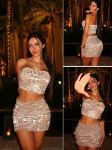 2 Pieces Rhinestone Decor Sexy Sheer Mesh Bustier Dress, Fashionable Party Evening Gown - Apricot - View 1