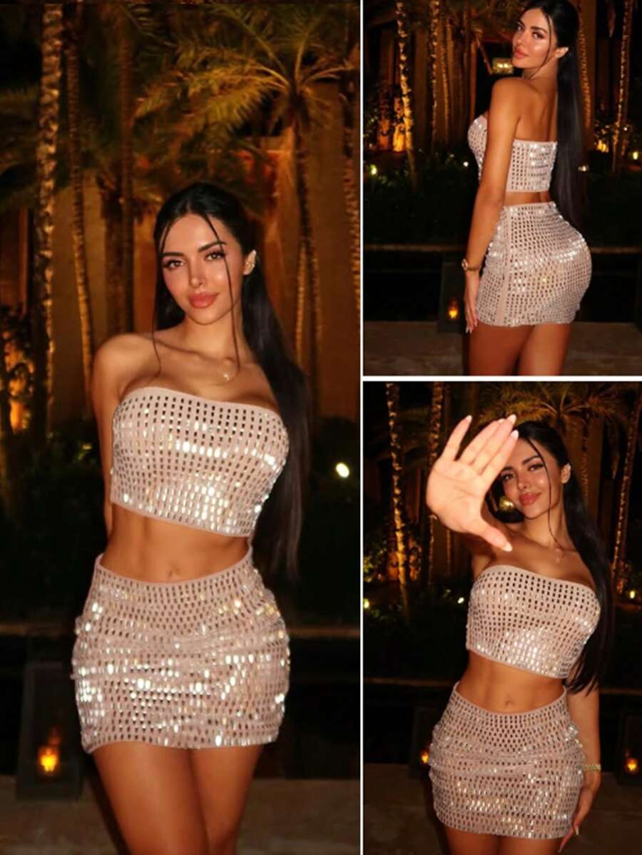 2 Pieces Rhinestone Decor Sexy Sheer Mesh Bustier Dress, Fashionable Party Evening Gown - Apricot - View 1