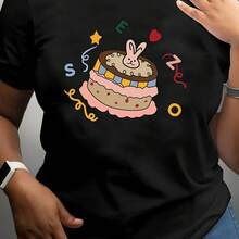Camiseta de mujer con estampado de pastel de dibujos animados extra informal, cuello redondo, manga corta, corte holgado, tela suave transpirable, camiseta de mujer con cuello redondo de talla grande con estampado de un solo lado - Negro - Ver 1
