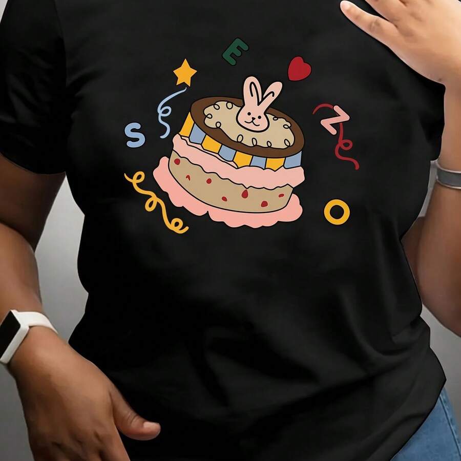 Camiseta de mujer con estampado de pastel de dibujos animados extra informal, cuello redondo, manga corta, corte holgado, tela suave transpirable, camiseta de mujer con cuello redondo de talla grande con estampado de un solo lado - Negro - Ver 1