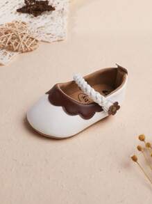 1 Pair Girls Plain Floral Hook And Loop Design Flat Fashionable Cute Princess Shoes,Suitable For Spring And Autumn