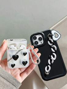 2025 New Design Black & White Heart Chain Phone Case & Earphone Case Set - Black and White - View 6