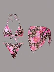 Allurini 2025 Summer Beach 3 PiecesBikini Set, Sexy Tie-Up Triangle Bra, Cover-Up Sarong & Thong Swimwear, Printed Pattern Swimwear Elegant - Multicolor - View 9