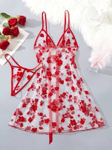 Camisón de malla y encaje sexy para mujer con lencería ajustada cómoda y conjunto de tanga a juego