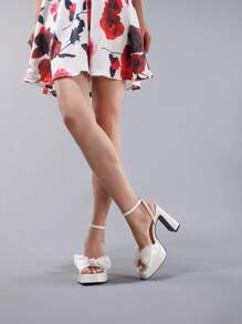 Women's Bowknot Waterproof Platform Sandals, Shiny PU Leather Thick Sole Open Toe Summer Wedding Party Square Toe Chunky High Heel Shoes, White - White - View 7