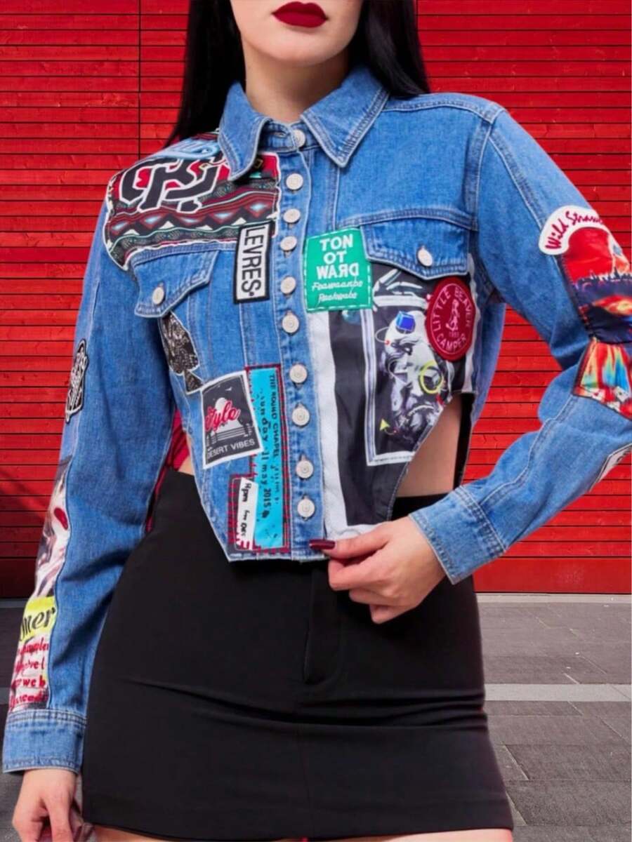 女款拼接牛仔夾克,適合高個女性 - 藍色 - 查看 1