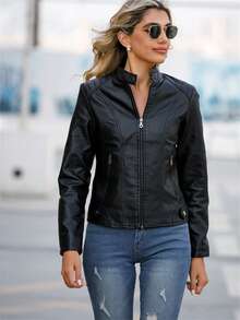 Women Slim Leather Jacket, Lightweight Spring Autumn Coat, Stand Collar Faux Leather Moto Jacket
