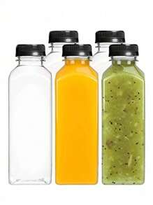 1/5件可重複使用果汁瓶 8oz/12oz (250ml/350ml) 附蓋冰箱果汁容器、奶昔瓶、空塑膠果汁瓶、附蓋飲料容器、空牛奶瓶、塑膠奶昔飲料瓶，適合戶外露營使用 - 黑色蓋子瓶 - 查看 3