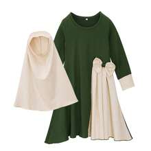 2pcs/Set Young Girl Long Sleeve Bowknot Maxi Dress + Headscarf - Green - View 2