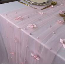 1 Stück perlrosa Blumen Tischläufer, Chiffon-Tüll-Tischdekorationsstoff für Geburtstagsfeiern, Valentinstag, Abschlussball