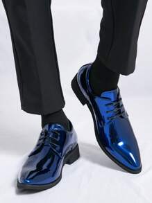 Men's British Style Pointed Toe Formal Dress Leather Shoes - Blue - View 5