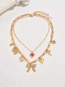 1pc Unique Fashion 18K Gold Plated Metal Fully Rhinestone Bowknot Heart Floral Pendant Necklace For Women, Can Be Purchased As 1pc Or 2pcs Set With Multiple Pendants, Suitable For Party, Wedding, Holiday Occasions And As A Gift