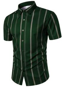 Men's Lightweight Geometric Striped Casual Business Polo Shirt, Summer - Dark Green - View 3
