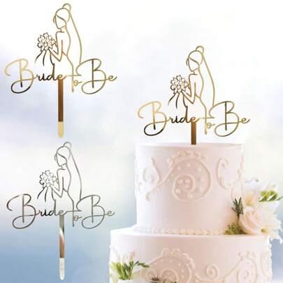 1个/3个/5个/6个金色银色新娘手捧鲜花蛋糕装饰摆件，适用于婚礼、情人节派对蛋糕装饰