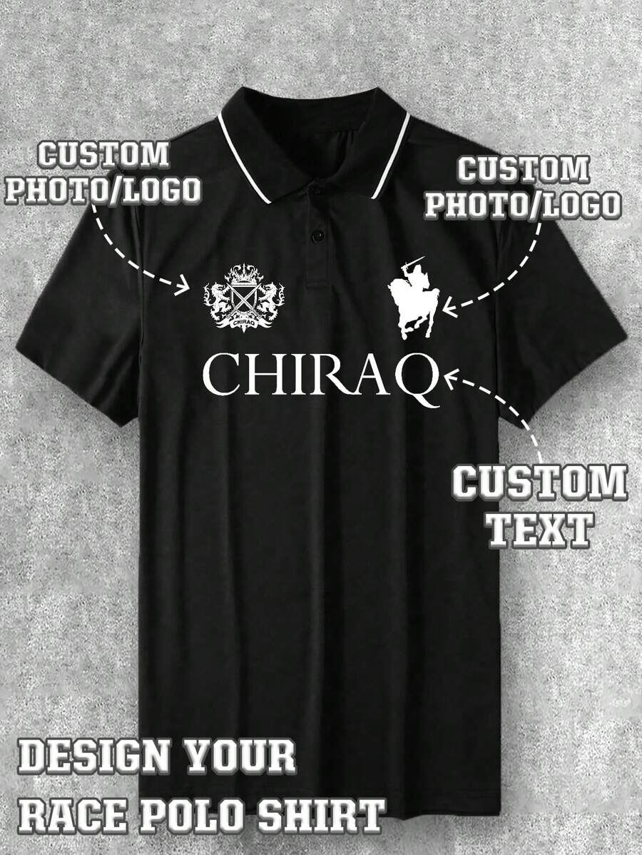 Customizable Photo Print Men's T-Shirt, Personalized Men's Polo T-Shirt - Add Your Own Text And Images (Family Photo/Selfie/Pet Photo/Friend Photo/Company Logo) - Black - View 1