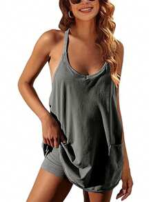 Women Athletic Mini Dresses Built-In Shorts Set Summer Sleeveless Sundress Hot Shot Mini Dress - 深灰色 - 查看 1