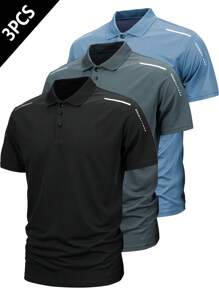 3pcs/Set Men's Sports Polo T-Shirts, Elastic Quick Dry Casual Short Sleeve Polo Tops, Summer - Black - View 1