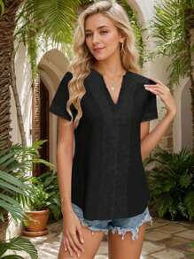 SANOPY Womens Blouses,Blouses For Women Dressy Casual,Womens Dressy Casual Blouses Short Sleeve V Neck Business Tops Ladies Summer Office Work Shirts - 黑色 - 查看 1