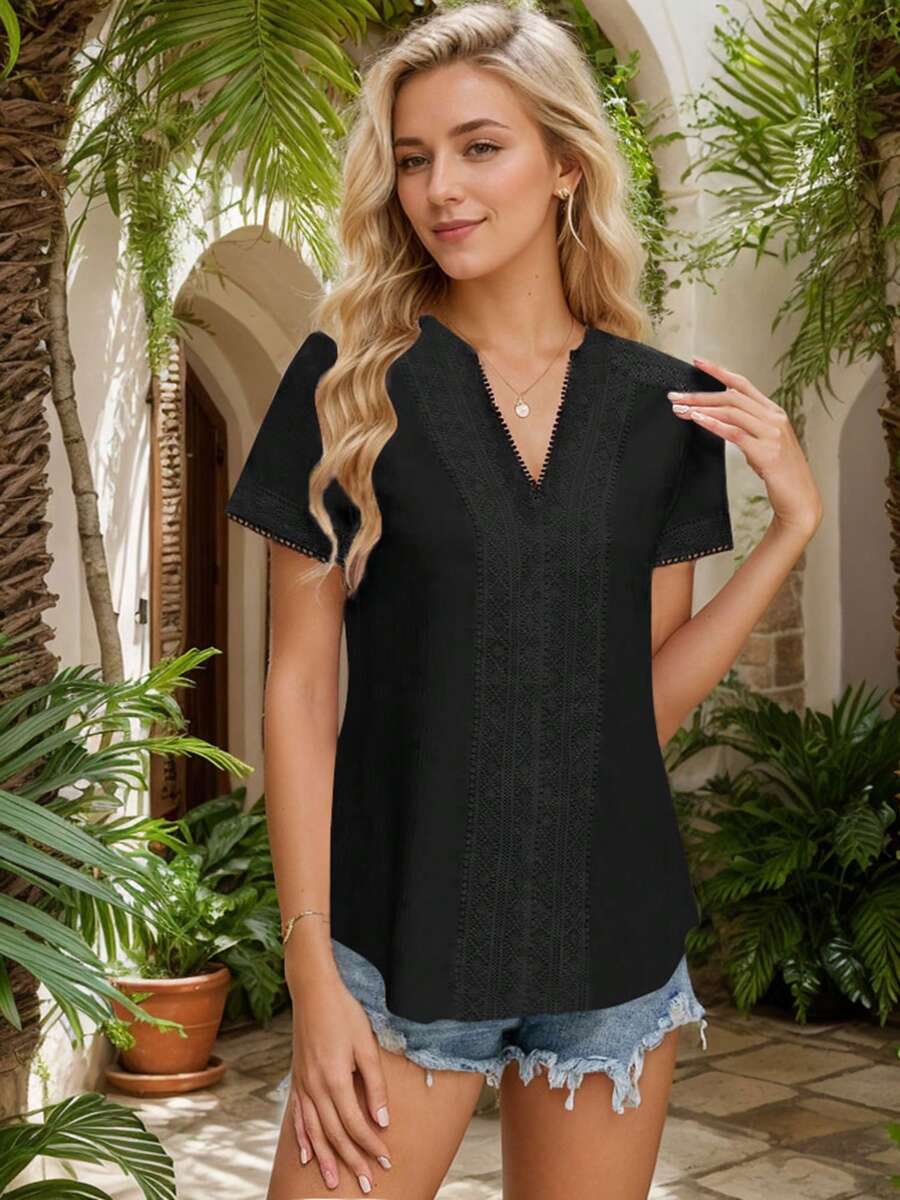 SANOPY Womens Blouses,Blouses For Women Dressy Casual,Womens Dressy Casual Blouses Short Sleeve V Neck Business Tops Ladies Summer Office Work Shirts - 黑色 - 查看 1