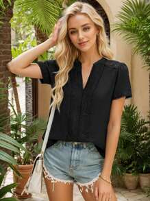 SANOPY Womens Blouses,Blouses For Women Dressy Casual,Womens Dressy Casual Blouses Short Sleeve V Neck Business Tops Ladies Summer Office Work Shirts - 黑色 - 查看 5