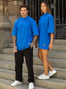 Oversized Plain Turtleneck Basic Streetwear T-Shirt For Men Unisex - 寶藍色 - 查看 7