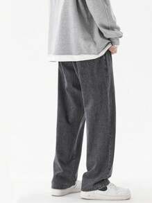 男款寬鬆牛仔運動長褲，彈性口袋，時尚筆直休閒長褲 - 黑色 - 查看 2