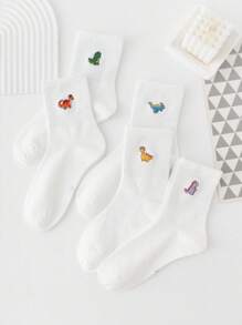 5 双女式提花恐龙中筒袜，休闲运动长筒百搭袜子，四季皆宜 - 白色 - 查看 2